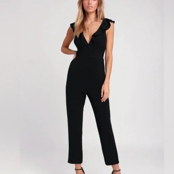 Lulus Pants - Lulu's Black Ruffle Strap V-Neck Jumpsuit - Size S